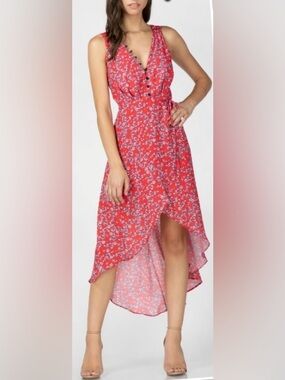 ADELYN RAE Sleeveless Red Floral V-Neck Hi-Low Dress Sz M Faux Wrap Flowy Party